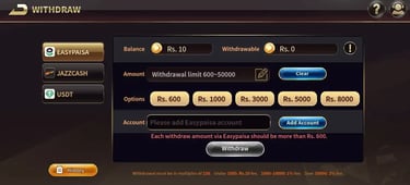 Withdraw Screen - Royal 21 Club.