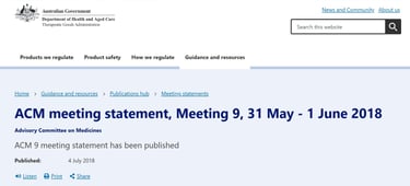 Screen shot of part of Advisory Committee on Medicines statement 2018