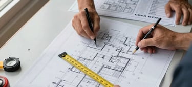 Overhead close-up of a solar installation crew reviewing engineering blueprints spread on a worktable at an Amapá job site, measuring tools and CREA documentation visible, cool daylight from a window to the left