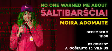 a woman dressed like pink soup doing stand up comedy in Lithuania