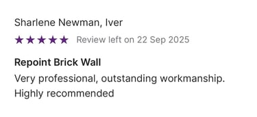 Five-star customer review for repointing a brick wall, praising professional workmanship and quality.