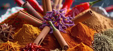 Artistic display of Indian spices in a silver bowl, featuring turmeric powder, chili powder, cinnamo