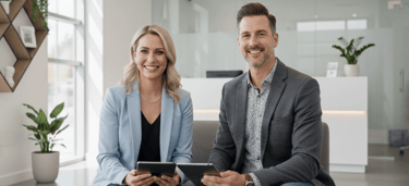 Un hombre y una mujer sonrientes, ambos sentados y sosteniendo tabletas, en una recepción