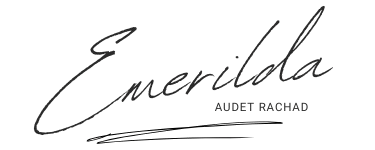 Elegant handwritten signature logo for Emerilda Audet Rachad on a black background.