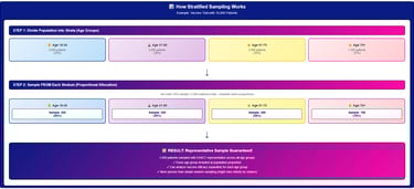 Stratified sampling process showing vaccine trial divided into age strata with proportional samples