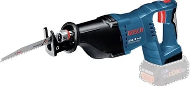 Bosch GSA 18 V-LI Professional cordless reciprocating saw with blade for wood cutting applications.