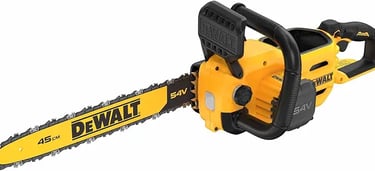 Yellow DeWalt 54V cordless battery-powered chainsaw with a 45cm guide bar for heavy-duty cutting.
