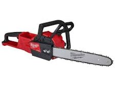 Red Milwaukee M18 FUEL cordless electric chainsaw on a white background.