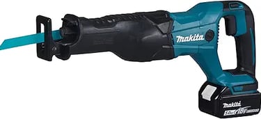 Makita 18V LXT cordless reciprocating saw with battery pack for heavy-duty demolition cutting.