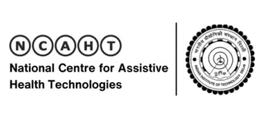 Official logo of the National Centre for Assistive Health Technologies and IIT Delhi in black and white.