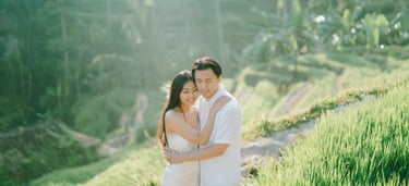 Intimate couple embrace during a sunrise photography session at Tegalalang Ubud Bali.