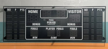 Large gymnasium scoreboard with wire mesh protective screen installed in Philadelphia PA by Degler W