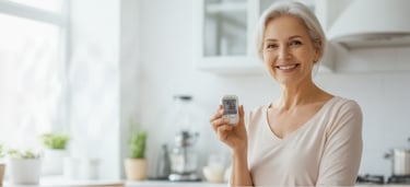 Hero section background showing a smiling elderly woman in a bright kitchen holding a glucose meter.