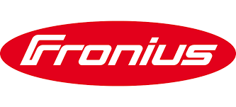 Fronius logo with white stylized text inside a red oval background for solar energy and welding solutions.