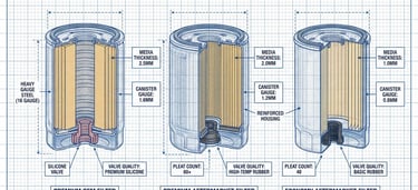 Cross-section comparison of OEM, premium aftermarket, and economy oil filter internal construction