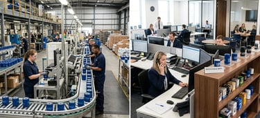 Side-by-side comparison of oil filter factory production floor vs trading company office setup