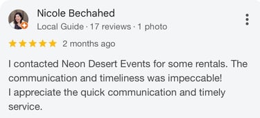 5 star review for event rentals in Las Vegas from Neon Desert Events