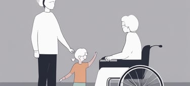 Ilustração de criança e idosa em cadeira de rodas, representando a proteção de vulneráveis.