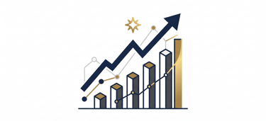 Professional financial growth chart icon featuring a gold and navy blue bar graph with upward arrow.