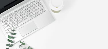 topdown view of workdesk with laptop, eucalyptus branch and coffee cup