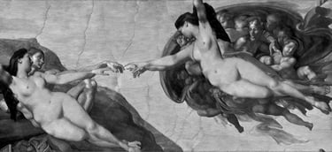 The Cocreation of Eve-Adam, Michaelangelo's Creation of Adam and Jean Jacques Henner's Woman on a Black Divan. NEZen Collage.