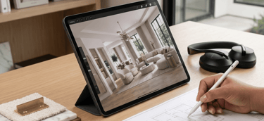 Interior designer using a digital tablet and floor plans for virtual global specifications and curation.