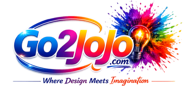 Go2Jojo logo with a glowing lightbulb and colorful paint splash, featuring the slogan Where Design Meets Imagination.