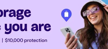 A traveler using the Bounce luggage storage app with a suitcase, backpack, and helmet on a purple background.