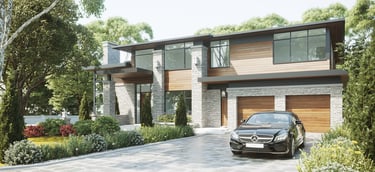Exquisite modern custom house driveway with tailored landscaping, enhancing curb appeal and reflecting personalized architect