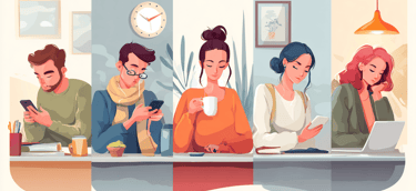 a group of people sitting at a table with a laptop and a cell phone