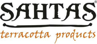 Sahtas terracotta products logo with orange script on a black background.
