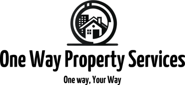 a logo of a company "one way property services a circle with a building and house in center