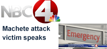 NBC4 news report graphic showing an emergency room sign and a headline about a machete attack victim.