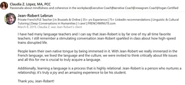 Cl. Lopez's testimonial on LinkedIn | J.-R. Lebrun, French teacher | Brussels av. Couronne | bus 95