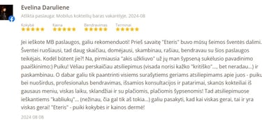Positive customer review for Eteris mobile cocktail bar service with a five-star rating.