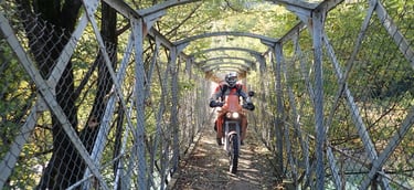 a man riding a bike on a bridge