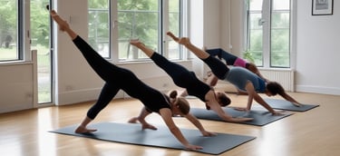 Group Pilates session with diverse participants in a bright room.