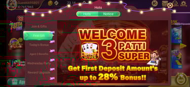3 Patti Super online game in Pakistan with 28 percent deposit cashback
