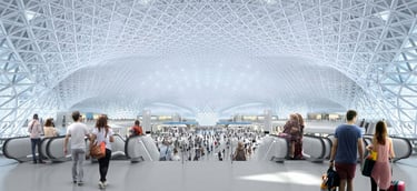 A photorealistic 3D rendering of a busy airport terminal with hundreds of people.