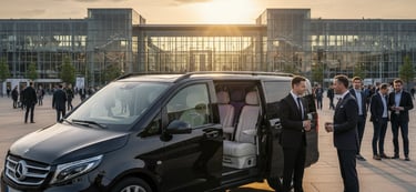 Exklusiver VIP-Shuttleservice Berlin: Chauffeur mit einem VIP-Kunden vor einem Eventzentrum.