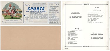 Carr's Sports Milk Chocolate Biscuits Cards to cut out and put in album 1960s