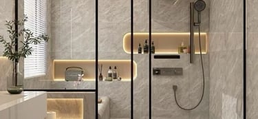 a bathroom with a shower and a bench