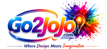 Go2Jojo logo with a glowing lightbulb and colorful paint splash, featuring the slogan Where Design Meets Imagination.