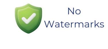 Green security shield with a checkmark icon next to No Watermarks text for image processing.