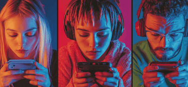 a man and woman are looking at their phones