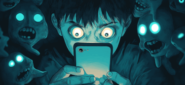 a man with a cell phone in front of a group of zombies