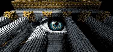 a building with a blue eyeball and a blue eyeball