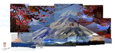 digital photo montage print, collage photography, travel enthusiast, Mt Fuji, Japan, autumn leaves, red blue