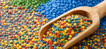 A wooden scoop holds colorful plastic resin granules used for industrial polymer manufacturing and masterbatch processing.