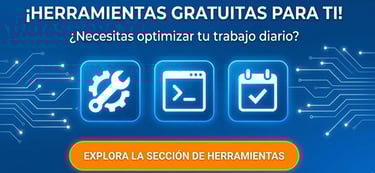 Banner promocional con iconos de herramientas, engranajes y terminal ante IA, invitando a explorar l